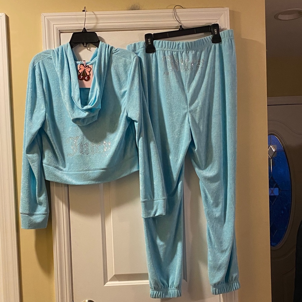 Juicy Couture Blue Terry Cloth Stretch Full Zip Crystal Logo Hoodie&Pants NWT